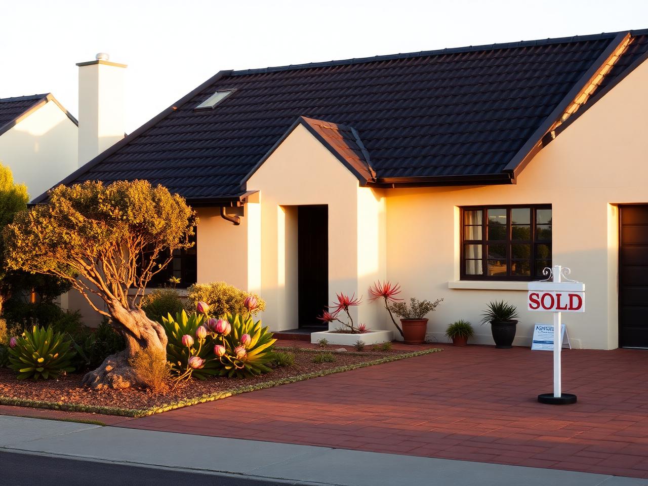 Cape Town suburban home at golden hour with a sold board on the pavement