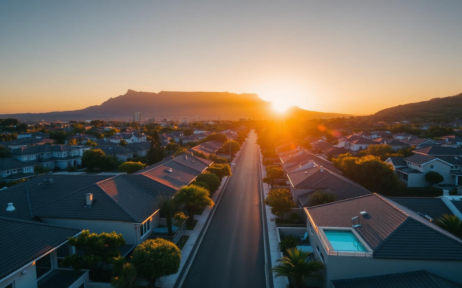Aerial view of Cape Town suburbs at sunset with Table Mountain in the distance